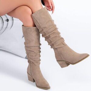 NEW Women's Knee High Boots, Wide Calf Chunky Block Low Heel Slouchy Pointed Toe